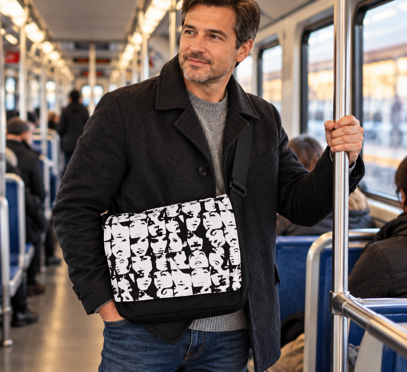 Messenger Tote Bag, Bold Face Print Black & White Crossbody, Handmade Multi-Pocket Commuter Bag