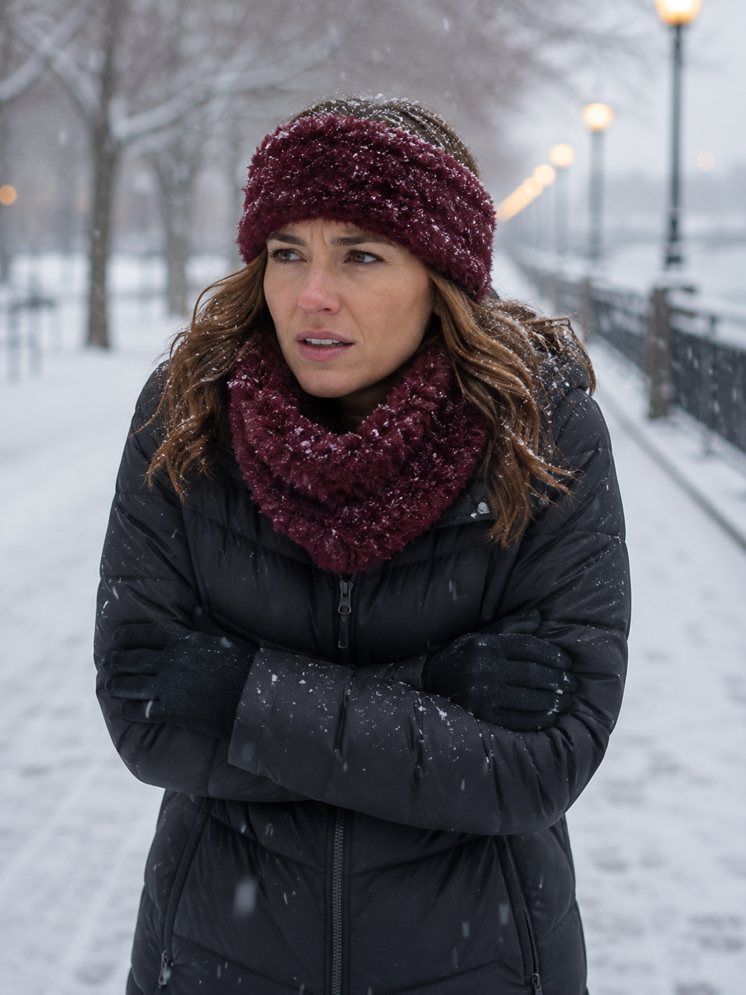 Cozy knit fur cowl and headband set in deep burgundy