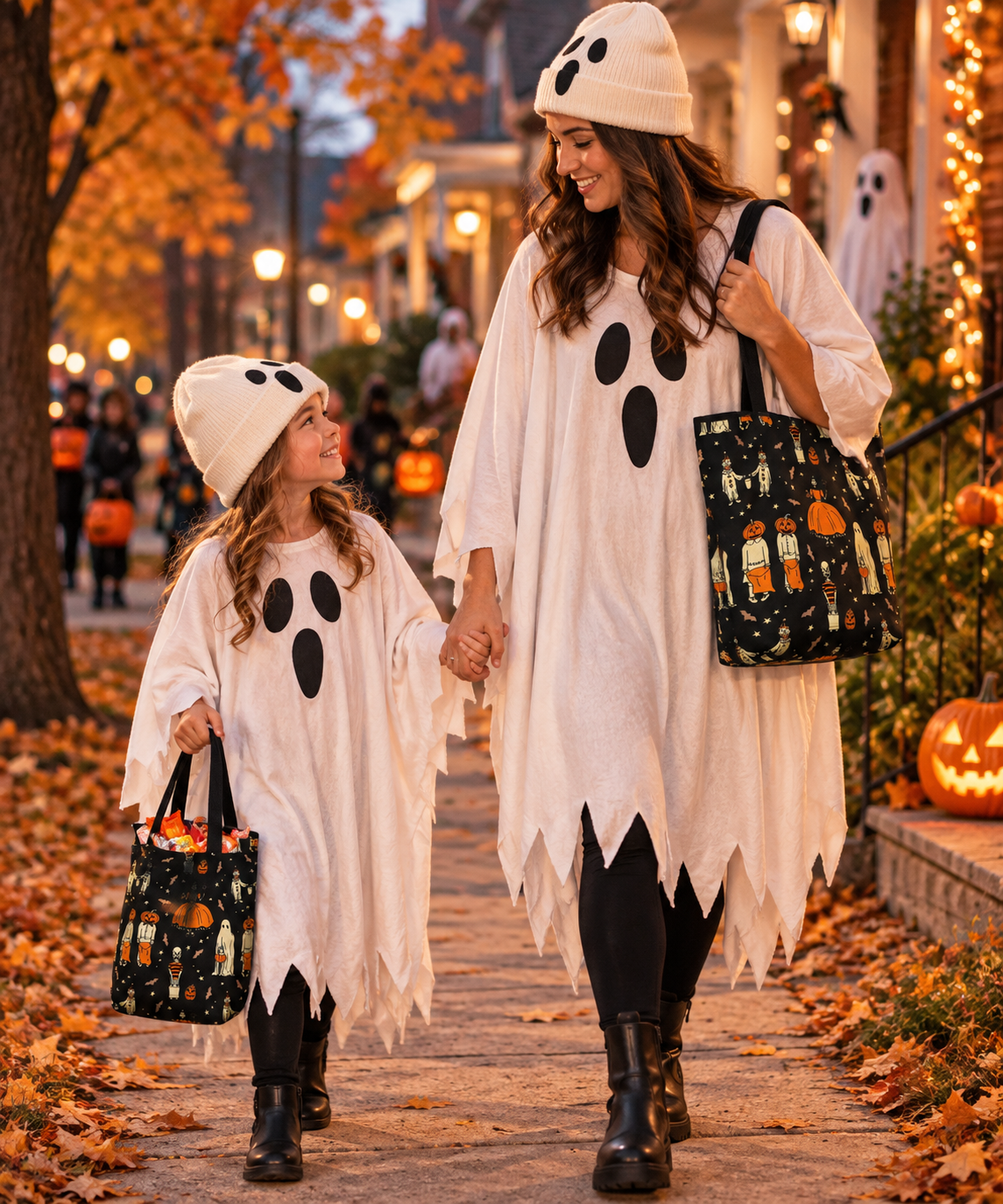 Seasonal handmade Halloween tote and treat bags with festive prints