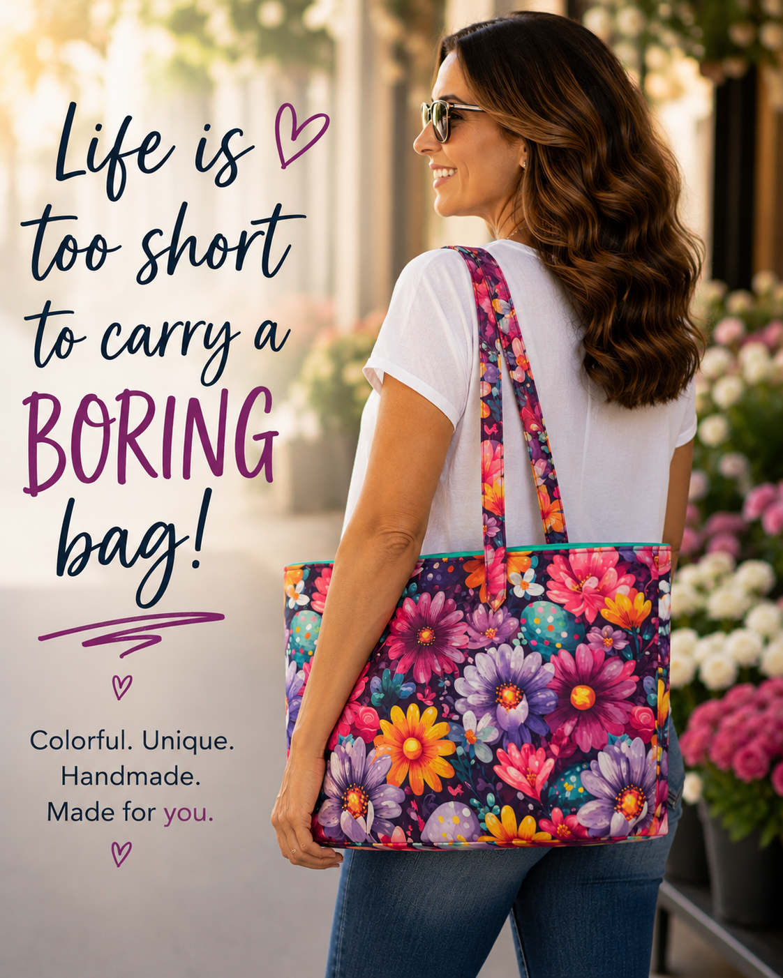 Woman carrying a colorful floral tote bag with the text Life is too short to carry a boring bag.