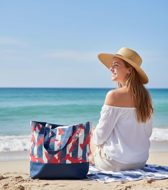 Handmade Beach Tote | Nautical Themed Print Canvas Shoulder Satchel